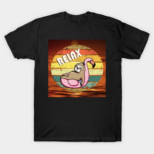 Sloth Funny Graphic Design Retro Relax Sunset Sloths & Flamingo in Sunset Vintage Ocean T-Shirt by tamdevo1